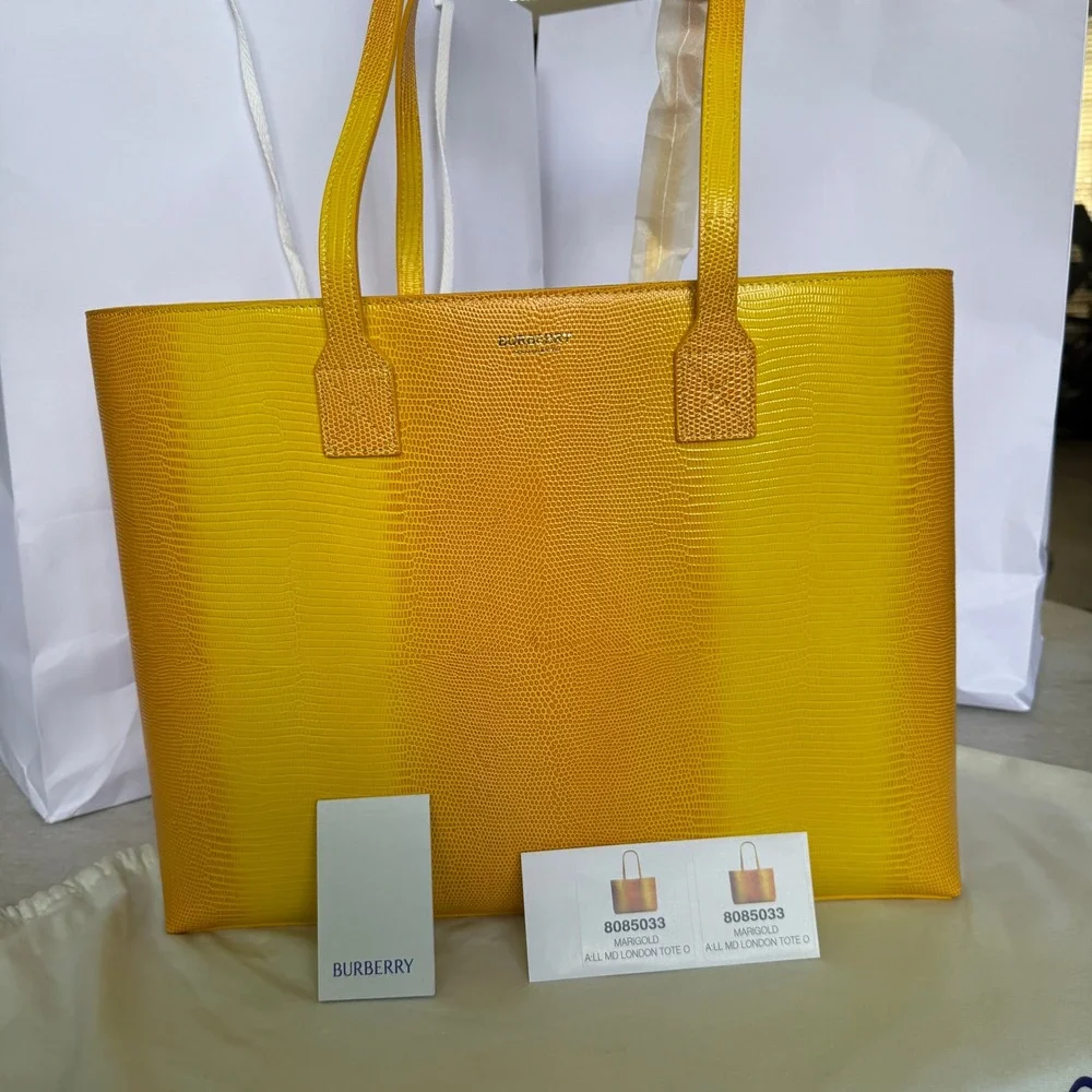 Burberry London Tote Bag Yellow Lizard Embossed Leather Shopper Handbag New‎